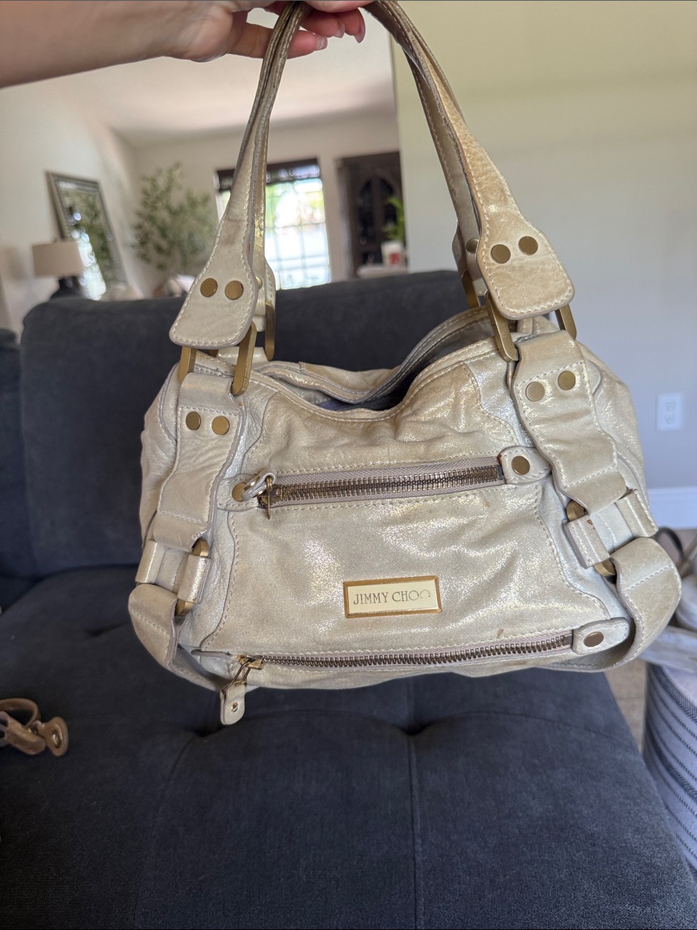 Jimmy Choo Metallic Champagne Shoulder Bag with Gold Hardware